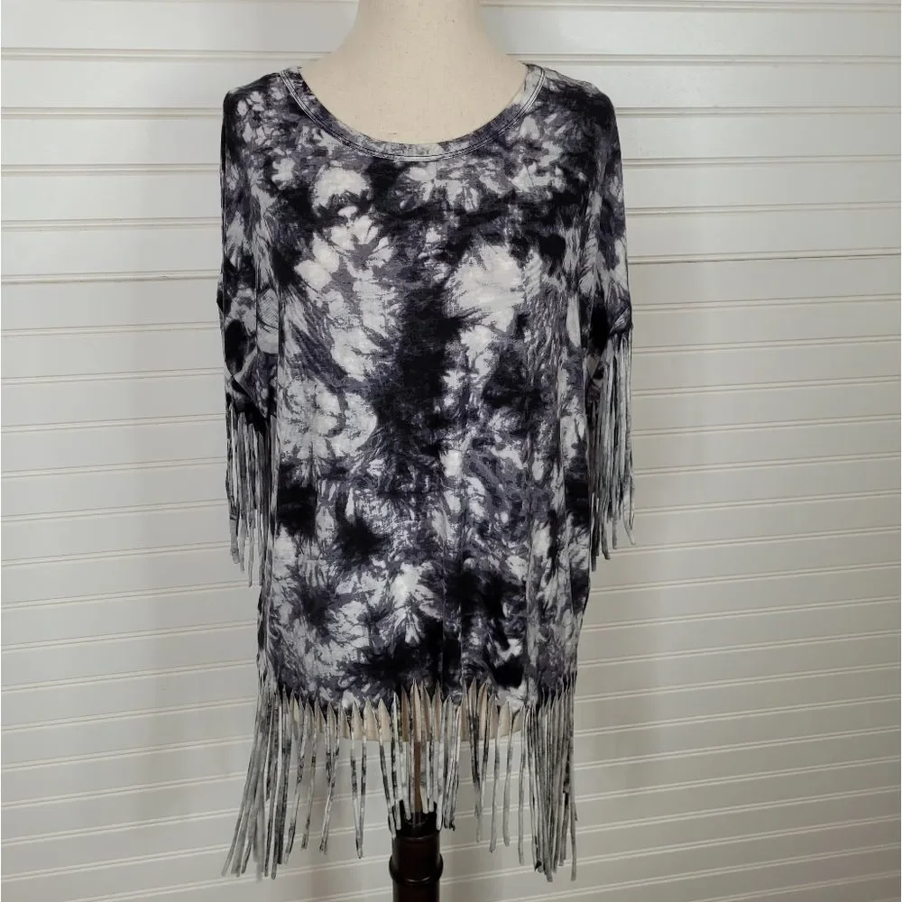 Michael Kors Black & White Tie Dye Fringe Tee Shirt